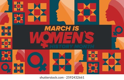 Women's History Month. Celebrated annual in March, to mark women’s contribution to history. Female symbol. Women's rights. Girl power in world. Poster, postcard, banner. Vector illustration