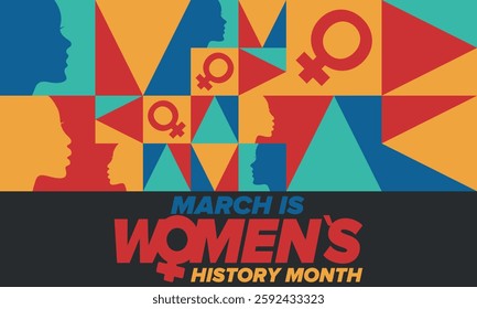 Women's History Month. Celebrated annual in March, to mark women’s contribution to history. Female symbol. Women's rights. Girl power in world. Poster, postcard, banner. Vector illustration