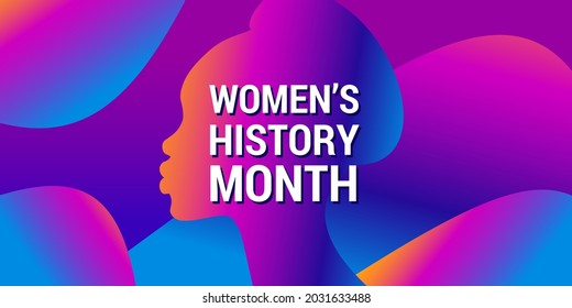 Women's History Month is celebrated in march. Text on background, abstract gradient pattern, woman silhouette. Web Banner, poster Women s History Month in the red, blue, pink colors for social media.