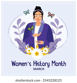 Women's History Month celebration with floral arrangements. Honoring the contributions of women in history. Women's History Month 2025 concept. Flat vector illustration.