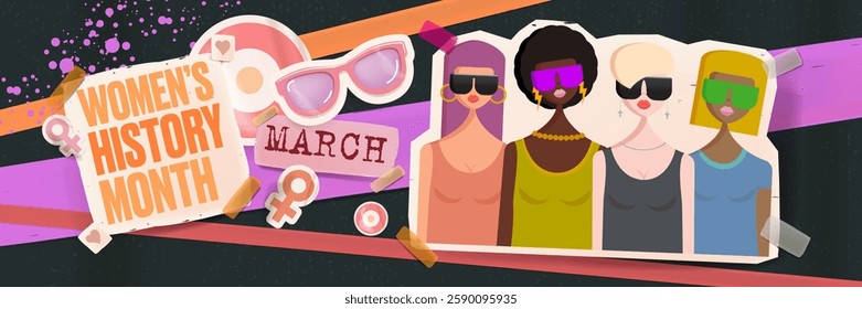 Womens History Month collage art horizontal banner with pretty womans and stickers. Women's day poster. Banner with young Stylish and fashion womens. 8 march greeting card and flyer