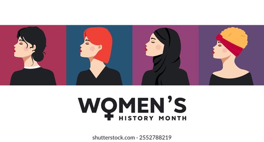 Women's History Month. Four women dressed in black. Great for cards, banners, posters, social media and more. White background.