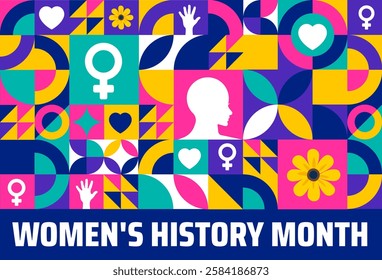 Women's History Month geometric shape pattern background banner or poster design template. observed every year in March. Holiday concept. Use to any Template, card, poster, placard, template.