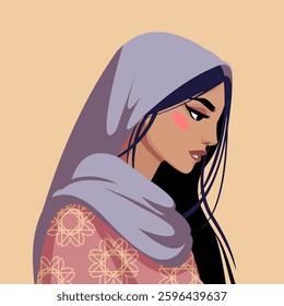Women's history month. Girl portrait. Attractive young face. Hairstyle with headscarf. Arabian clothes and east accessories. Arabic hijab. Female beautiful profile. Muslim headband. Vector beauty card