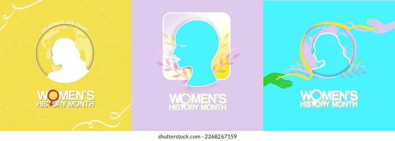 Women's History Month Greeting Card artwork set, minimalist design. Vector Illustration. EPS 10.