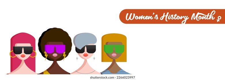 Womens History Month horizontal banner with four women of different nationalities. Women's day poster. Banner with young Stylish and fashion womens. 8 march greeting card and flyer