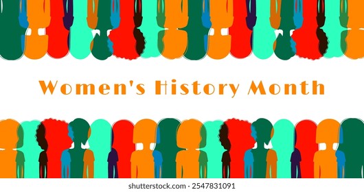 Womens History Month horizontal banner. Womens day 8 march. Poster with different silhouettes of women. Flat vector illustration