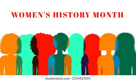 Womens History Month horizontal banner. Womens day 8 march. Flyer with different silhouettes of women. Flat vector illustration
