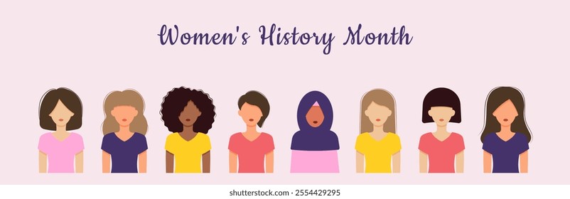 Womens History Month horizontal banner. Womens day 8 march. Group of women in different ethnicity,age,hair color and more. Flat vector illustration