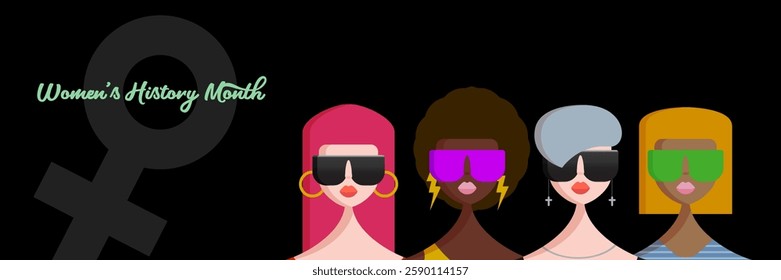 Womens History Month horizontal banner with four women of different nationalities isolated on grey. Women's day poster. Banner with young Stylish and fashion womens. 8 march greeting card and flyer