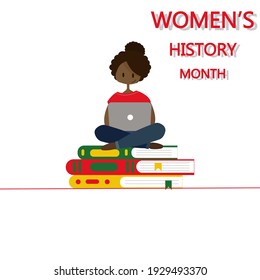 Women's History Month. An Illustration Of A Black Girl Sitting On A Stack Of Books. Female Rights. Isolated On White.  