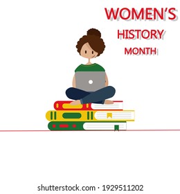 Women's History Month. An Illustration Of A Girl Sitting On A Stack Of Books. Female Rights. Isolated On White.