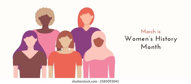 Women's History Month March banner template in flat style. Minimalist faceless Girl stand side by side together.