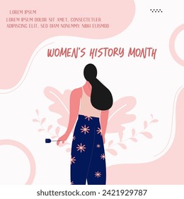 Women's History Month in March Poster banner design, and she is holding a flower in her hand Women History Month concept design vector illustration.