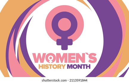 Mes de la historia de la mujer en marzo. Los derechos de la mujer y la igualdad. El poder de las niñas en el mundo. Símbolo femenino en vector. Se celebra anualmente para conmemorar la contribución de la mujer a la historia. Cartel, postal, ilustración