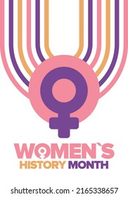Women's History Month in March. Women's rights and Equality. Girl power in world. Female symbol in vector. Celebrated annually to mark women’s contribution to history. Poster, postcard, illustration