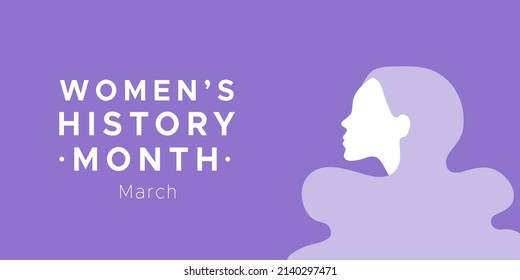 Women's History Month. March. Woman portrait. Violet color. Recognition of women's achievements. Horizontal format. Vector illustration, flat design