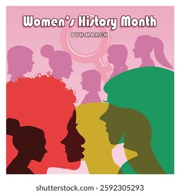 Women's History Month on March 8th. Silhouettes of diverse women in colorful layers, symbolizing unity and empowerment. Flat vector modern illustration 