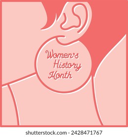 Women's History Month pink poster, woman profile with hoop earrings, hand drawn vector illustration