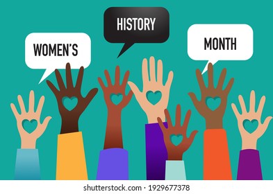 Women's History Month, raised hands with hearts in each palm.