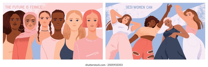 Womens History Month. Set of banners with beautiful strong women of different ethnicity and races standing together. Feminism, Sisterhood and Equality. Flat vector illustrations isolated on background