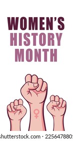 Womens history month stories template vector illustration. Feminism poster for march women history month with fist symbol doodle.