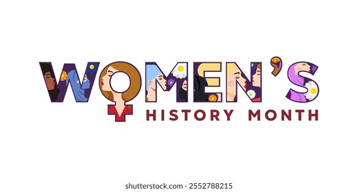 Women's History Month. Text and women in it. Great for cards, banners, posters, social media and more. White background.