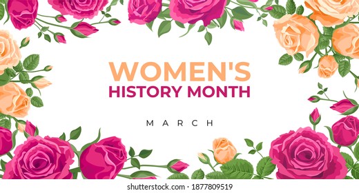 Women's History Month. Vector banner, poster, flyer, greeting card for social media with the text Women s History Month, march. Beautiful roses on white background