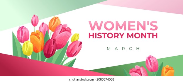Women's History Month. Vector banner, poster, flyer, greeting card for social media with the text Women s History Month, march. Beautiful bouquet of tulips on white background. Concept for women.