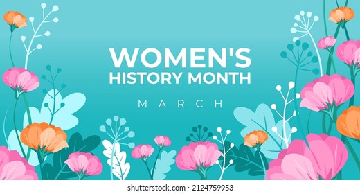 Women's History Month. Vector banner, poster, flyer, greeting card for social media with the text Women s History Month, march. Beautiful bouquet of flowers on blue background. Concept for women.
