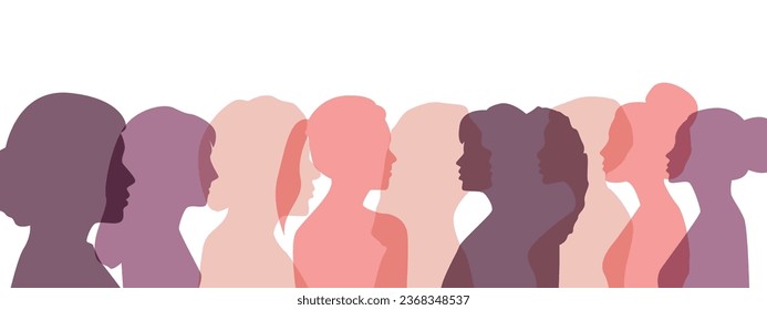 Mes de la historia de la mujer, vector, siluetas de diferentes mujeres, colores rosados