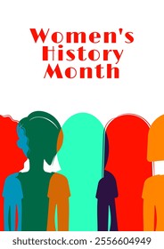 Womens History Month vertical poster. Womens day 8 march. Banner with different silhouettes of women. Flat vector illustration
