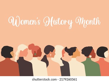 Women's History Month. Women of different ages, nationalities and religions come together. Horizontal pink poster. Vector.