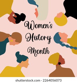 Women's History Month. Women of different ages, nationalities and religions come together. Pink poster. Vector.