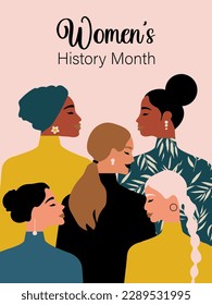 Women's History Month. Women of different ages, nationalities and religions come together. Pink vertical poster. Vector.