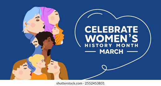 Women's History Month. Women and heart. Great for cards, banners, posters, social media and more. Blue background.