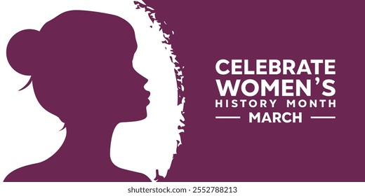 Women's History Month. Women and white color. Great for cards, banners, posters, social media and more. Purple background.