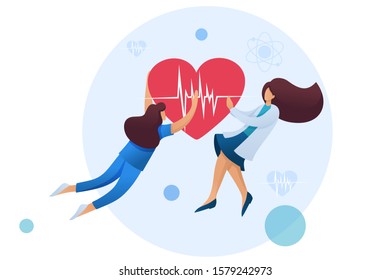 Womens Holding A Beating Heart Personifying The Care Of About The Health Of The Patient. Flat 2D Character. Concept For Web Design.