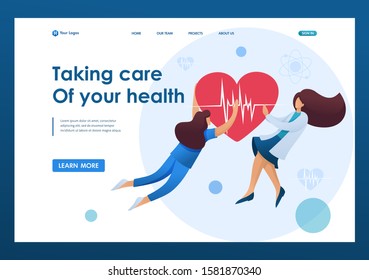 Womens holding a beating heart personifying the care of about the health of the patient. Flat 2D character. Landing page concepts and web design.