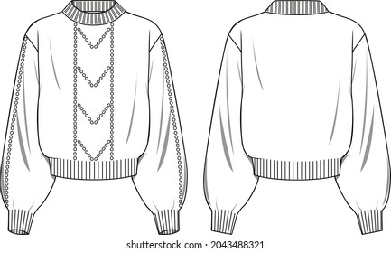 Women's Hole Detail Jumper. Jumper technical fashion illustration. Flat apparel sweater template front and back, white colour. Women's CAD mock-up.