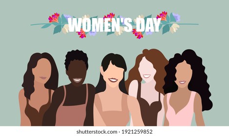 Womens holiday banner. Happy women with different skin colors. 