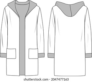 Women's Hooded Double Face Long Line Cardigan. Cardigan technical fashion illustration. Flat apparel cardigan template front and back, white colour. Women's CAD mock-up.