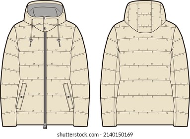 Women's Hooded Down Puffer Jacket Flat Template.