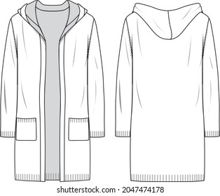 Women's Hooded Fine Gauge Long Line Cardigan. Cardigan technical fashion illustration. Flat apparel cardigan template front and back, white colour. Women's CAD mock-up. - Shutterstock ID 2047474178