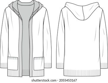 Women's Hooded Fine Gauge Long Line Cardigan. Cardigan technical fashion illustration. Flat apparel cardigan template front and back, white colour. Women's CAD mock-up.