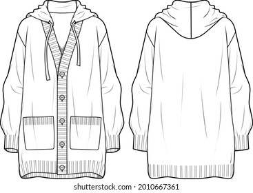 Women's Hooded Long Cardigan. Cardigan technical fashion illustration. Flat apparel cardigan template front and back, white colour. Women's CAD mock-up.