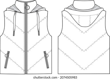 Women's Hooded Puffer Gilet. Vest technical fashion illustration. Flat apparel vest template front and back, white color. Unisex CAD mock-up.