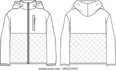 Women's Hooded, Quilted Teddy Coat. Coat technical fashion illustration. Flat apparel coat template front and back, white colour. Women's CAD mock-