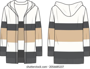 Women's Hooded Striped Long Line Cardigan. Cardigan technical fashion illustration. Flat apparel cardigan template front and back, colored. Women's CAD mock-up.