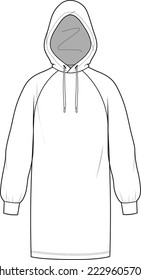 Women's Hooded Sweatshirt Dress. Technical fashion illustration. Flat apparel dress template front, white color. Women's CAD mock-up.